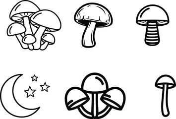 Black and white illustrations of various mushrooms and moon with stars