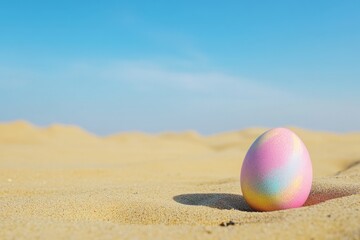 Creative concept with painted pastel egg resting on desert sand under bright blue sky during holiday time