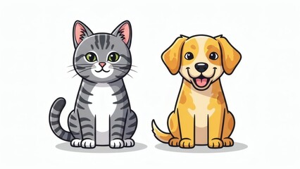 Obraz premium Adorable Cat and Dogs Cartoon Characters Sitting Together in a Friendly Illustration