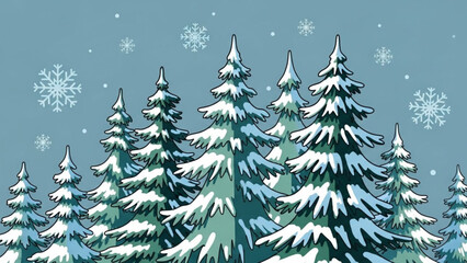Obraz premium Snow covered pine trees with snowflakes on blue background in winter landscape scene