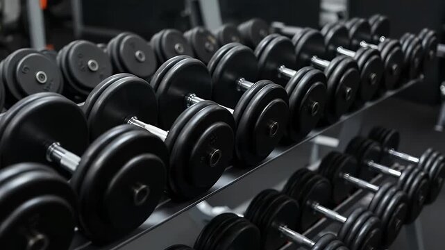 A rack of dumbbells in a modern gym setting, perfect for fitness and strength training