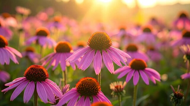 Field of purple coneflowers in full bloom, illuminated by the warm glow of the setting sun.
