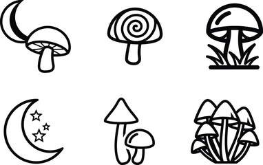 Black line art illustrations of various mushrooms and moon phases
