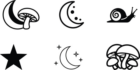 Black and white line art illustrations of mushrooms crescent moons snails and stars