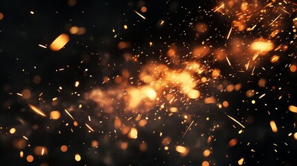 Realistic fire sparks flying on a black background creating dynamic visual effects for various design applications and projects