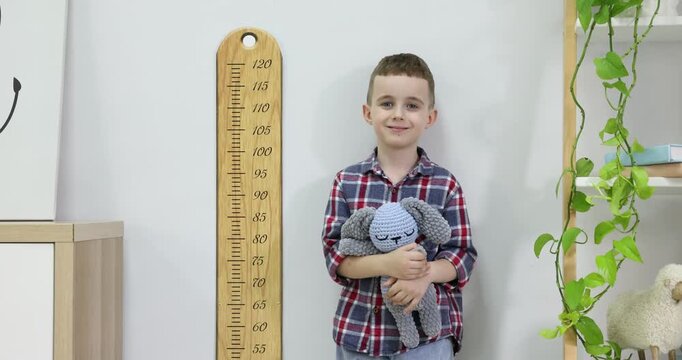 Little boy with toy bunny measuring his height with chart near light wall indoors