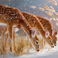 Obraz premium Group of deer grazing near frozen grass under light snowfall cold winter sky soft light peaceful winter wildlife scene high realism
