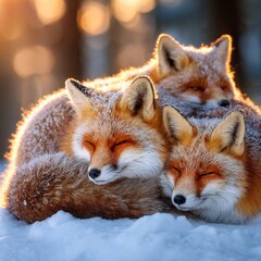 Fototapeta premium Fox family curled together in snow near forest edge winter sunset light frosty air detailed fur texture warm emotional wildlife scene