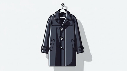 A dark navy blue double breasted coat with lapels hangs on a white hanger against a plain white background with shadow