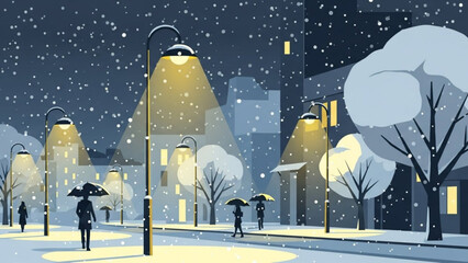 People walk under umbrellas on snowy city street at night with streetlights