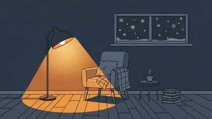 Cozy living room interior with warm lamp light on wooden floor at night with snowfall outside window