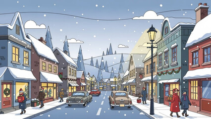 Snowy town street with vintage cars and people walking on sidewalk in winter