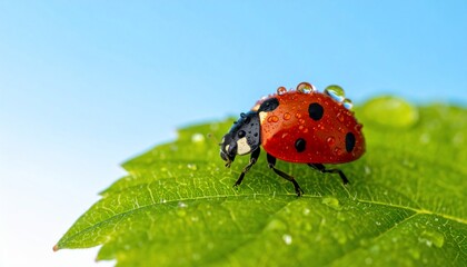 A close-up of a ladybug covered in water droplets on a green leaf, with a soft blue sky