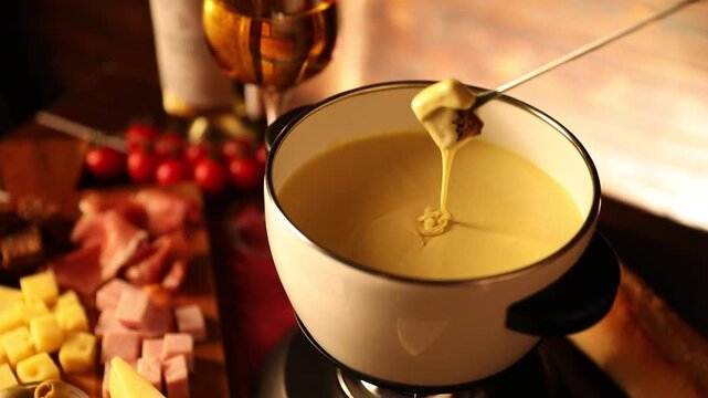 Woman dipping piece of bread into fondue pot (caquelon) with melted cheese at wooden table, closeup