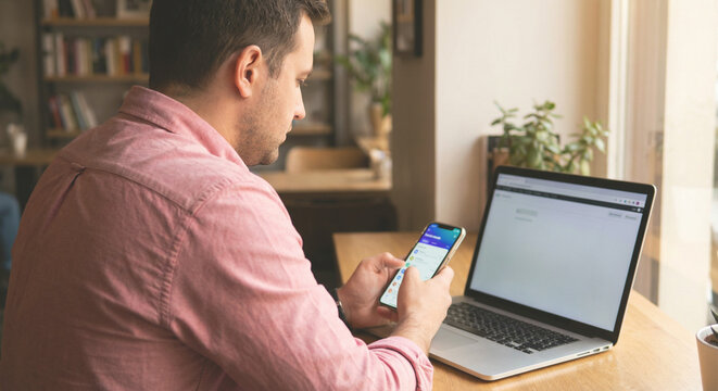 Man using smartphone and laptop at home office desk, representing remote work, digital communication, productivity, and modern technology lifestyle. - Powered by Adobe
