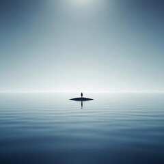 Fototapeta premium Calm Paddleboarding Solo Adventure on Tranquil Ocean Waters at Sunrise with Minimalist View and Serene Atmosphere