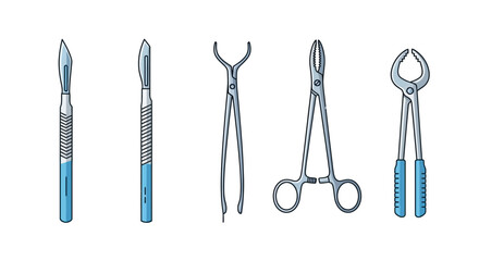 Dental surgical instruments - Scalpels, forceps, and extraction tools.
