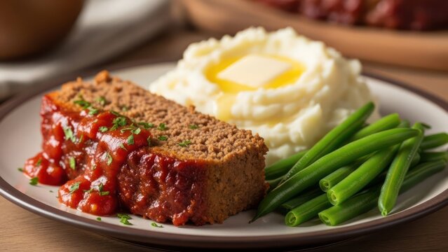 Delicious homemade meatloaf with mashed potatoes and green beans