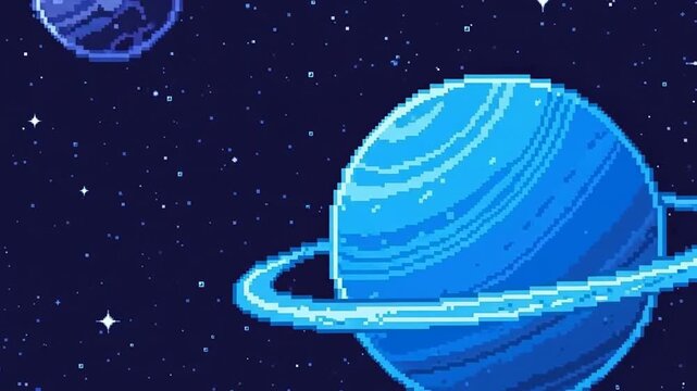 Pixel art illustration of two blue planets with rings in outer space.