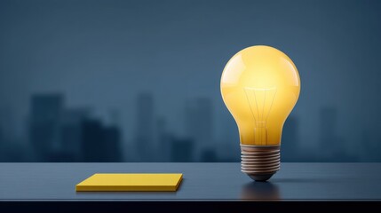 Yellow light bulb glowing on a dark table next to a blank yellow note pad against a blurred city skyline background highlighting creativity and innovation