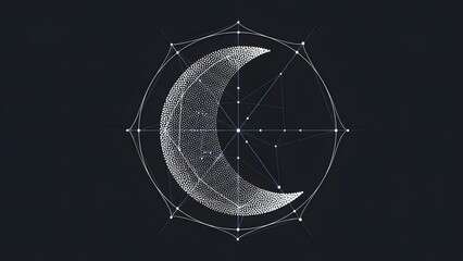 Crescent moon in geometric circle with starry night background