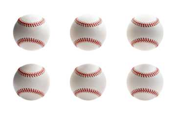 Six Baseballs in Rows, White and Red Sports Equipment
