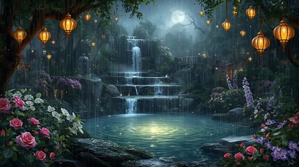 Enchanted Waterfall Garden at Night with Rain and Glowing Lanterns