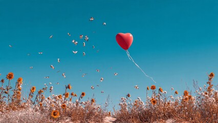Heart Balloon's Flight in Bloom: A vibrant red heart-shaped balloon drifts gracefully against a clear, cerulean sky, weaving a tale of love, amidst a field of flourishing flowers.