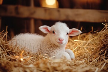 Gentle newborn lamb lies in hay looking toward soft light in rustic stable during Christmas nativity scene for holiday concept in 2026