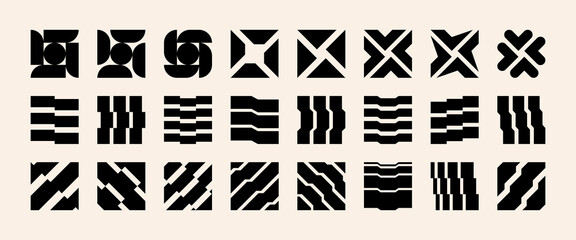 Bold brutalist shapes and distorted y2k icons create a futuristic rave aesthetic. This set of geometric tech symbols and acid graphics features avantgarde forms for modern urban brand identities.