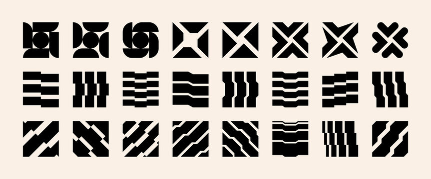 Bold brutalist shapes and distorted y2k icons create a futuristic rave aesthetic. This set of geometric tech symbols and acid graphics features avantgarde forms for modern urban brand identities.