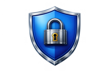 Blue shield protecting a metal padlock, symbolizing security, privacy, data safety, and network cybersecurity