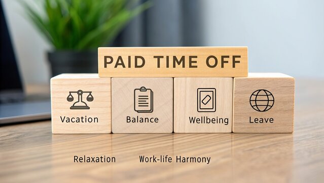 Wooden cubs spelling 'Paid Time Off on table with supportive words and symbols