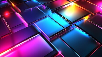 Abstract 3d background with glass squares featuring colorful light and iridescent neon gradient for use in digital design projects or visual content creation