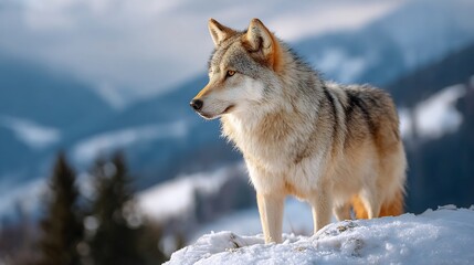 Fototapeta premium Grey Wolf Winter Mountains grey wolf standing on snowy mountain ridge winter predator wildlife cold wind blowing fur dramatic sky cinematic nature photography look