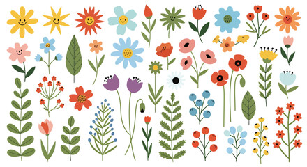 Fototapeta premium Colorful collection of various hand-drawn floral and leaf illustrations in a seamless pattern style.