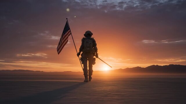 戦術装備で旗を背負い歩く秋のモダンな若者の姿