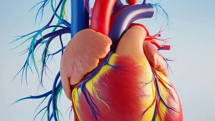 Detailed illustration of the human heart anatomy with visible blood vessels and nerves