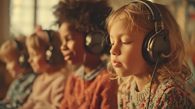 Close-up of children wearing headphones and listening to music in a classroom with warm lighting.