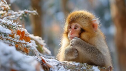 Obraz premium Monkey Snowy Forest monkey sitting in snowy forest winter wildlife behavior cold environment thoughtful pose natural soft lighting