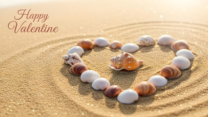 Heart shape made of seashells arranged on golden beach sand with soft sunlight and shallow depth of field, featuring &ldquo;Happy Valentine&rdquo; text, symbolizing love, romance, and seaside serenity.