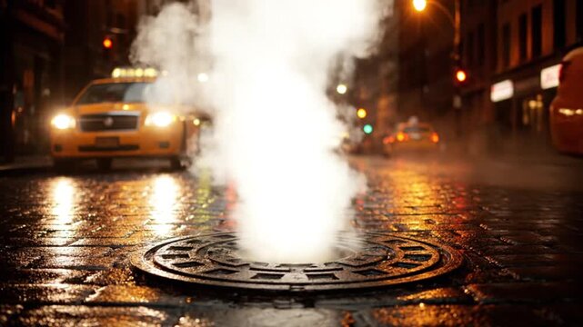 Steam erupting from manhole city street photo rainy environment low angle ai generated art with generative ai