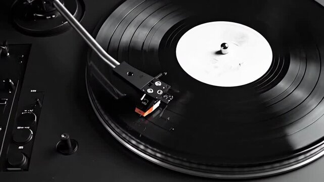 Overhead shot of a sleek black turntable with a vinyl record, showcasing minimalist design.