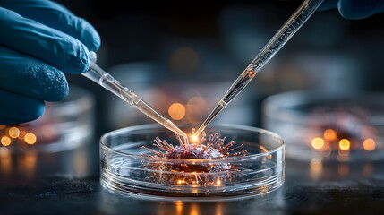 A scientist wearing blue gloves works with a viral cell