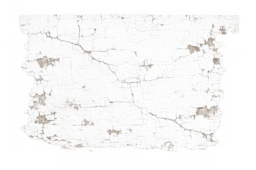 Peeling white distressed paint texture fragment showing cracks and decay, grunge aged wall surface element on transparent background