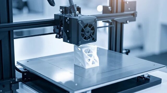 3D printer creating a complex geometric shape, showcasing additive manufacturing technology.