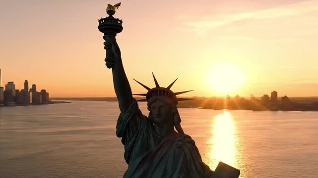 Sunset over liberty ai generated views of the statue of liberty new york aerial photography urban landscape