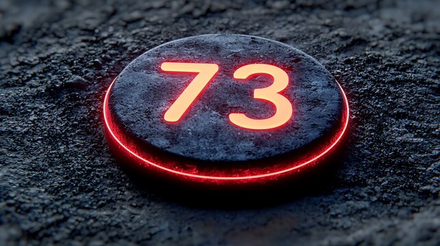Illuminated Number 73 on Textured Surface with Red Outline.
