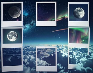 Moon Phases Photo Collection with Clouds Aurora and Starry Night Sky