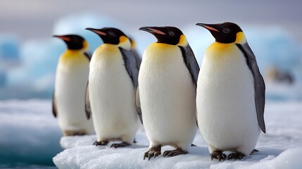 Fototapeta premium Penguins Icy Shore emperor penguins standing on frozen antarctic shore winter wildlife icy ocean background cold climate birds soft natural light